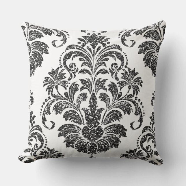Black/Grey Glitter Damask Reversible PIllow (Front)
