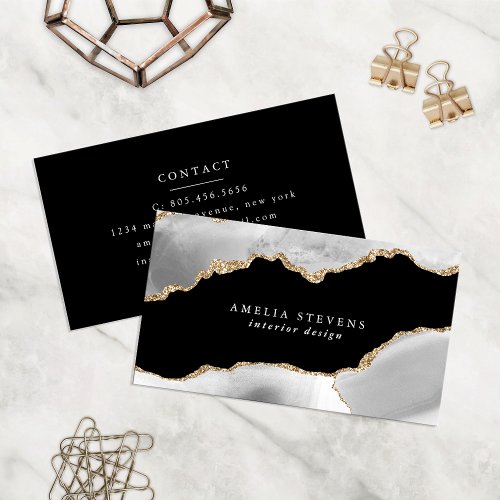 Black Grey  Gold Agate Business Card