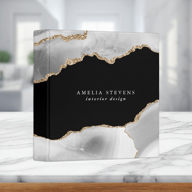 Black, Grey & Gold Agate Business Card 3 Ring Binder (Creator Uploaded)