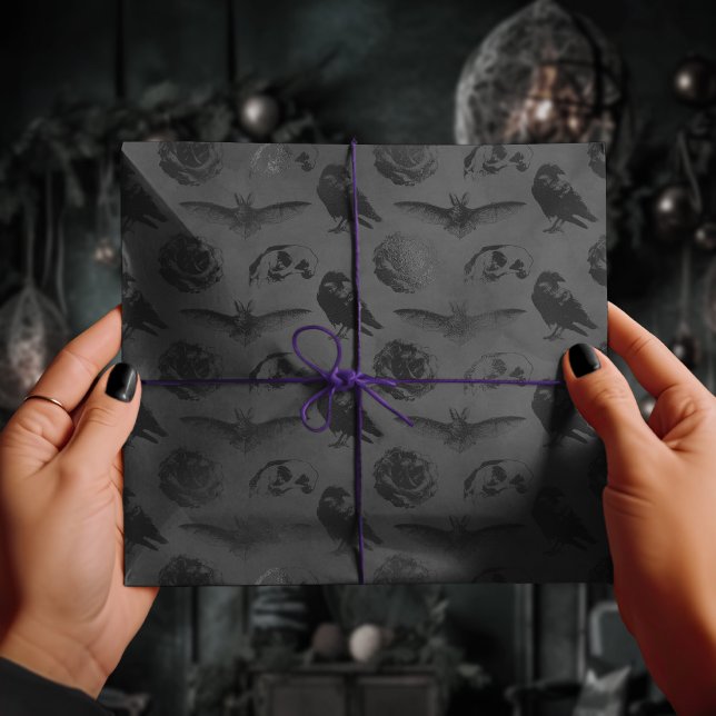 Black Grey Gothic Crow & Bat Creepy Skull Wrapping Paper (Creator Uploaded)