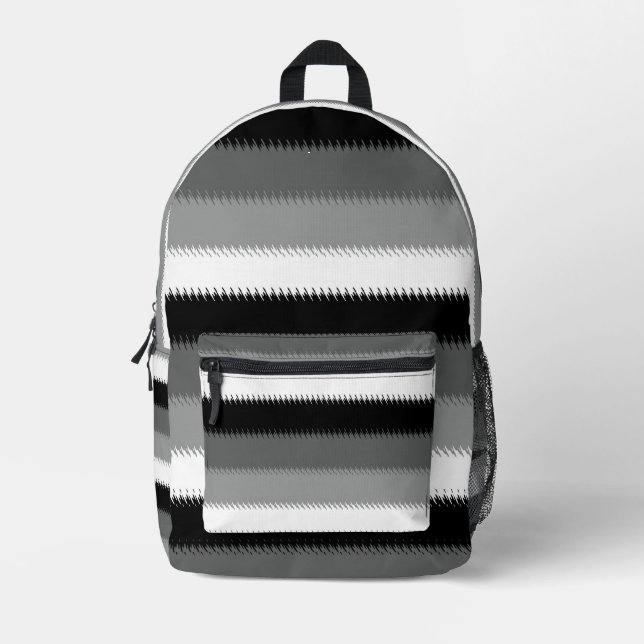 Black Grey Gray Ash white Stripe Printed Backpack (Front)