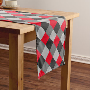 Black Grey Gray Silver Red Plaid Short Table Runner