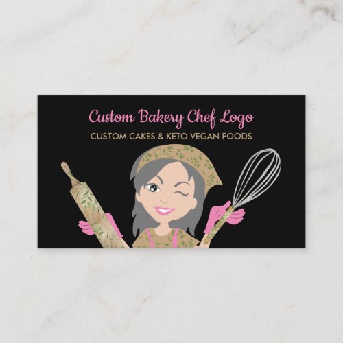 Black Grey Haired Bakery Chef Rustic Keto Food Business Card