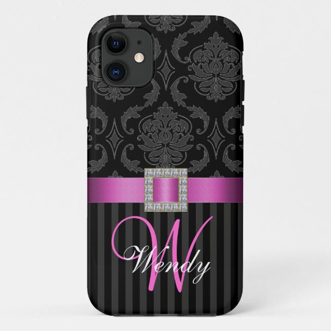 Black Grey Hot Pink Damask Stripes Case-Mate iPhone Case (Back)