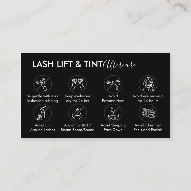 Black Grey Lash Lift Tint Aftercare Instruction Business Card (Back)