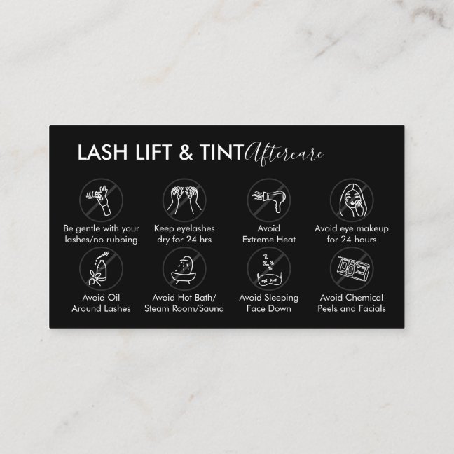 Black Grey Lash Lift Tint Aftercare Instruction Business Card