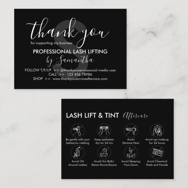 Black Grey Lash Lift Tint Aftercare Thank You Business Card