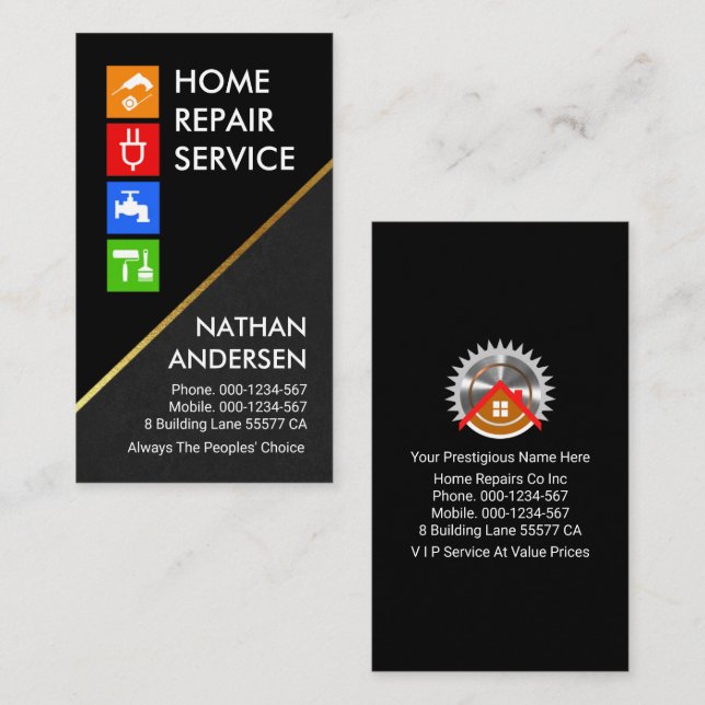Black Grey Layers Gold Line Handyman Business Card (Front/Back)