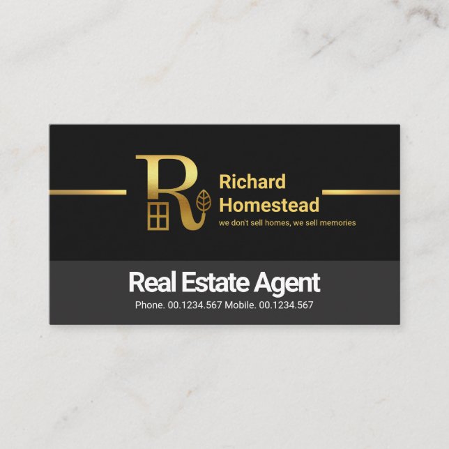 Black Grey Layers Gold Line Real Estate Agent Business Card (Front)