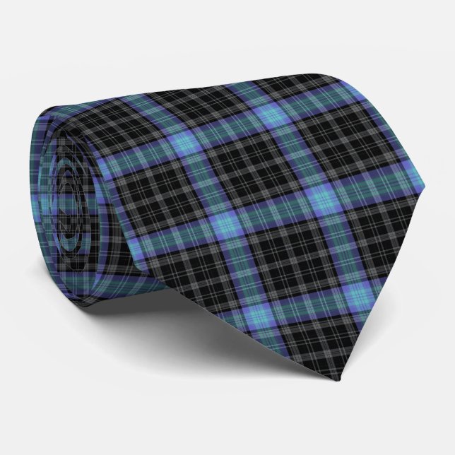 Black Grey Light Blue Tartan Plaid Neck Tie (Rolled)