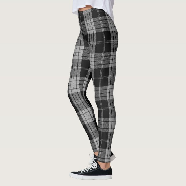 Black Grey Linen Large Tartan Plaid Leggings (Left)