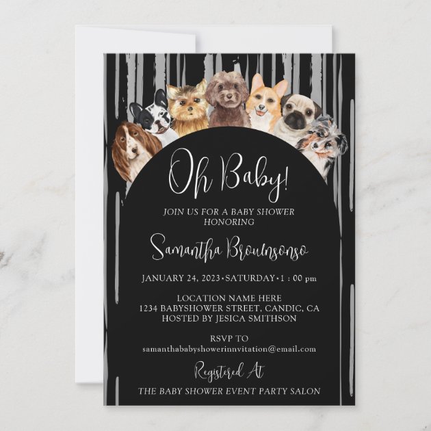 Black Grey Lines Dogs Oh baby Invitation