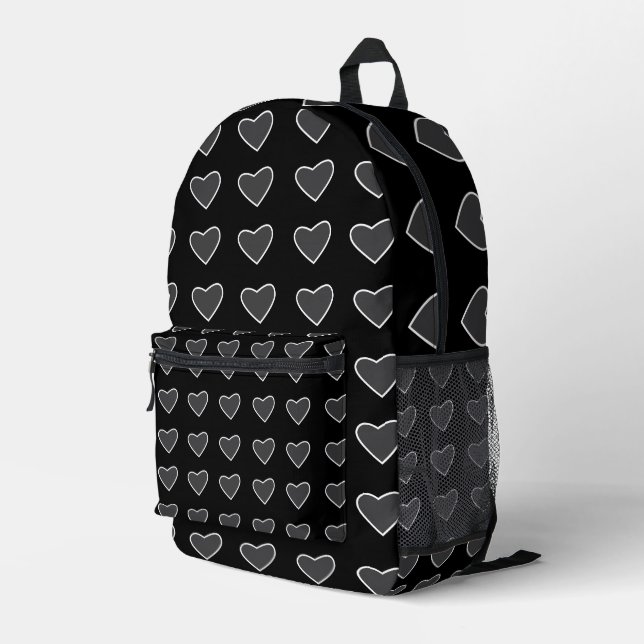 Black Grey Love Hearts Pattern Printed Backpack (Back Corner Right)