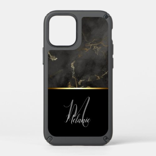 Black grey marble glitter Monogram  Speck iPhone 12 Mini Case