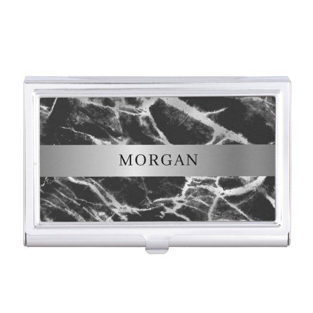 Black & Grey Marble, Name on Silver Band Business Card Case (Front)
