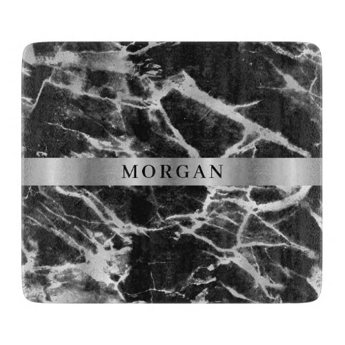 Black  Grey Marble Name on Silver Band Cutting Board