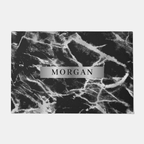 Black  Grey Marble Name on Silver Band Doormat
