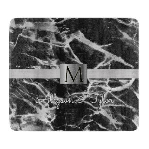 Black & Grey Marble, Silver Band, Name & Monogram Cutting Board