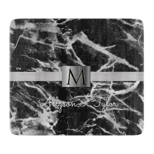 Black  Grey Marble Silver Band Name  Monogram Cutting Board