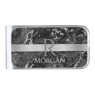 Black & Grey Marble, Silver Bar, Name & Monogram Finish Money Clip