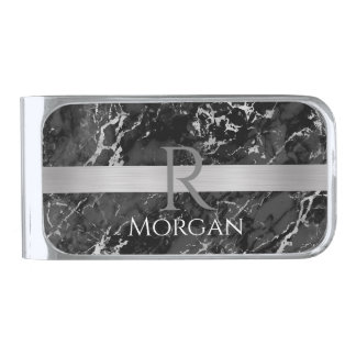 Black & Grey Marble, Silver Bar, Name & Monogram Finish Money Clip