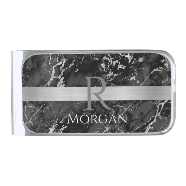 Black & Grey Marble, Silver Bar, Name & Monogram Finish Money Clip (Front)