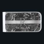 Black & Grey Marble, Silver Bar, Name & Monogram Silver Finish Money Clip<br><div class="desc">Personalize your name in white and grey monogram on brushed silver stripe on black and grey marble. Click “Customize” to change colors and type styles.</div>