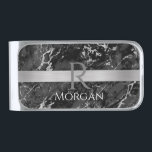 Black & Grey Marble, Silver Bar, Name & Monogram Silver Finish Money Clip<br><div class="desc">Personalize your name in white and grey monogram on brushed silver stripe on black and grey marble. Click “Customize” to change colors and type styles.</div>