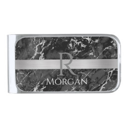Black &amp; Grey Marble, Silver Bar, Name &amp; Monogram Silver Finish Money Clip