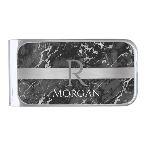 Black  Grey Marble Silver Bar Name  Monogram Silver Finish Money Clip