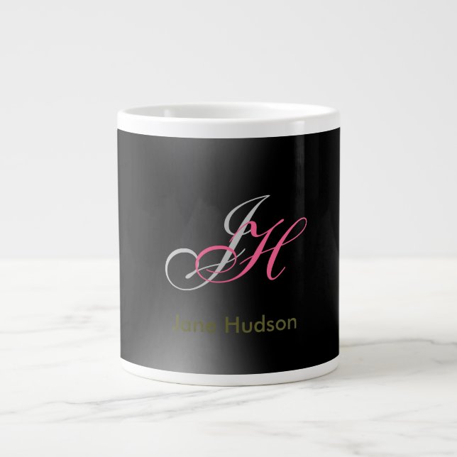 Black Grey Monogram Initials Simple Plain Giant Coffee Mug (Front)