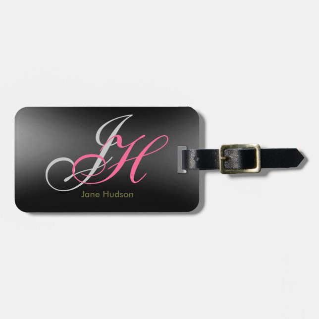 Black Grey Monogram Initials Simple Plain Luggage Tag (Front Horizontal)