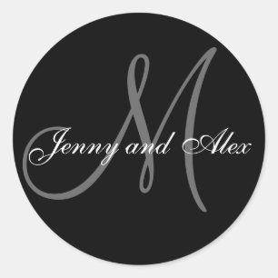 Black Grey Monogram M Bride Groom Names Wedding Classic Round Sticker