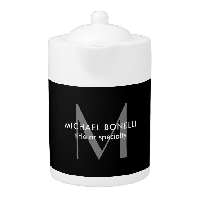 Black Grey Monogram Modern Minimalist Template Teapot (Front)