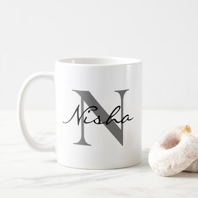 Black Grey Monogram Name Coffee Mug (With Donut)