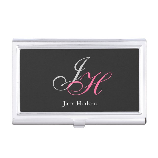 Black Grey Monogram Name Initial Letters Script Business Card Case (Front)