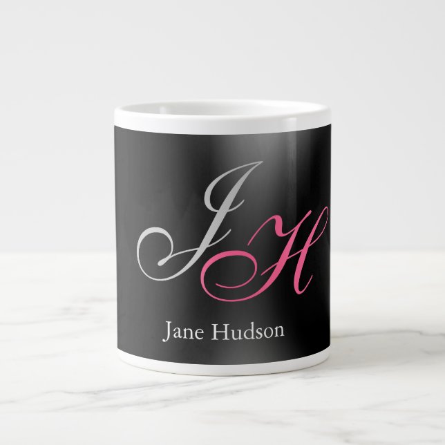Black Grey Monogram Name Initial Letters Script Giant Coffee Mug (Front)