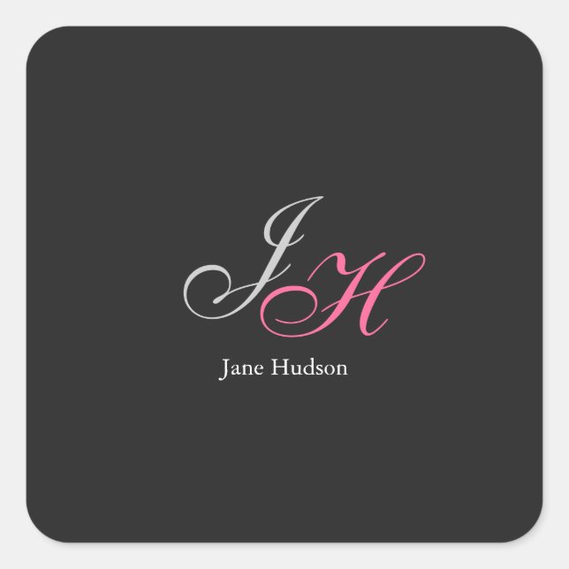 Black Grey Monogram Name Initial Letters Script Square Sticker (Front)