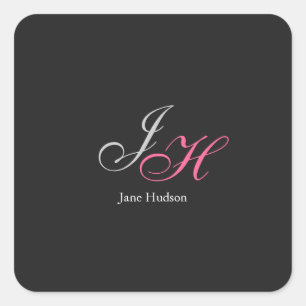 Black Grey Monogram Name Initial Letters Script Square Sticker