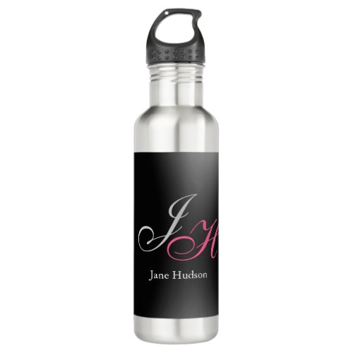 Black Grey Monogram Name Initial Letters Script Stainless Steel Water Bottle