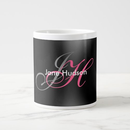 Black Grey Monogram Simple Plain Special Gift Giant Coffee Mug