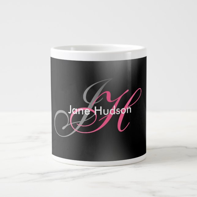 Black Grey Monogram Simple Plain Special Gift Giant Coffee Mug (Front)