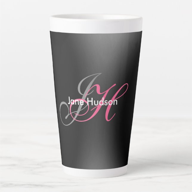 Black Grey Monogram Simple Plain Special Gift Latte Mug (Front)