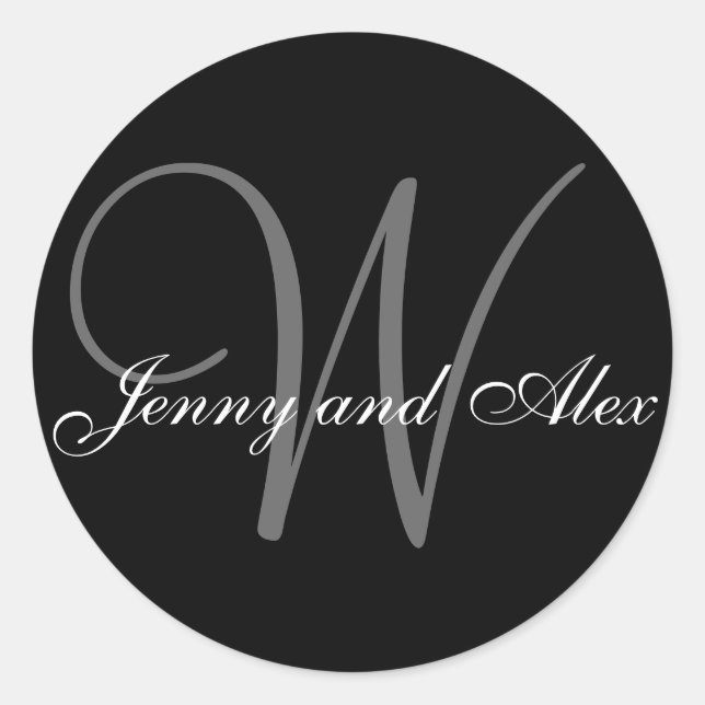 Black Grey Monogram W Bride Groom Names Wedding Classic Round Sticker (Front)