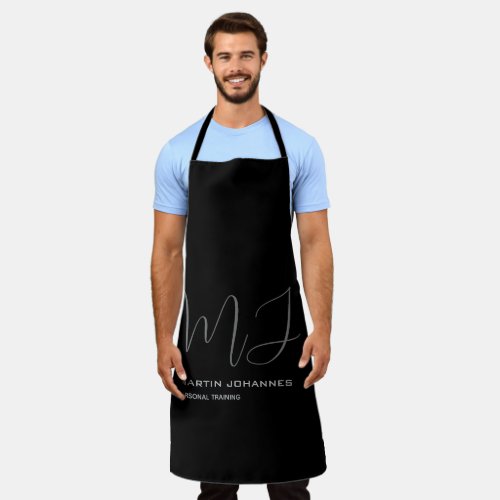 Black Grey Monogrammed Name Modern Minimalist Chic Apron