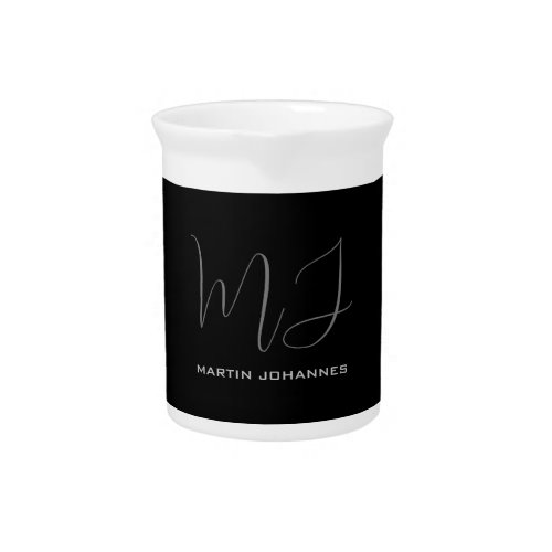 Black Grey Monogrammed Name Modern Minimalist Chic Beverage Pitcher