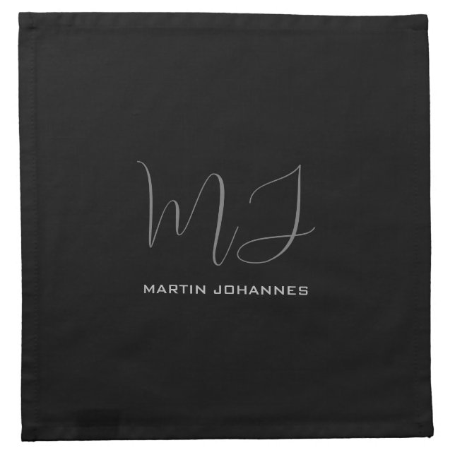 Black Grey Monogrammed Name Modern Minimalist Chic Cloth Napkin (Front)