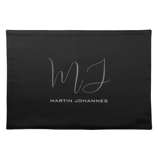 Black Grey Monogrammed Name Modern Minimalist Chic Cloth Placemat (Front)