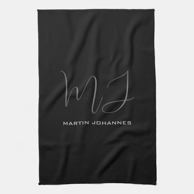 Black Grey Monogrammed Name Modern Minimalist Chic Kitchen Towel (Vertical)