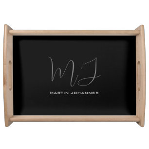 Black Grey Monogrammed Name Modern Minimalist Chic Serving Tray